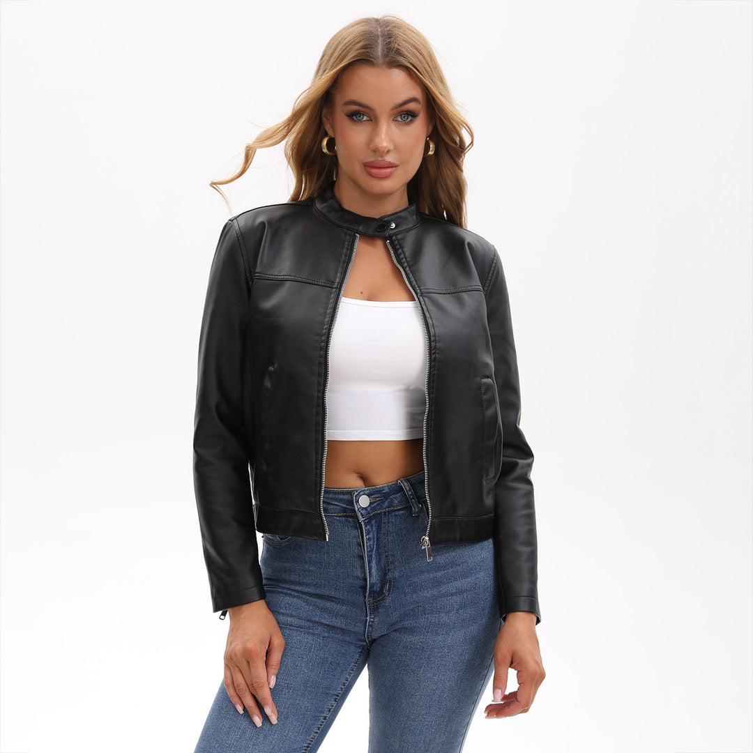Ladies' tailored faux leather jacket with stand-up collar, concealed zipper, and clean minimal design Mune Fashion