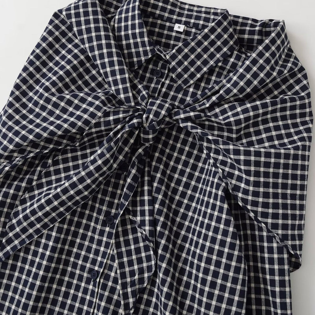 Women Oversize Checked Shirt Blouse with Cape Shoulder and Tie Bow Mune Fashion