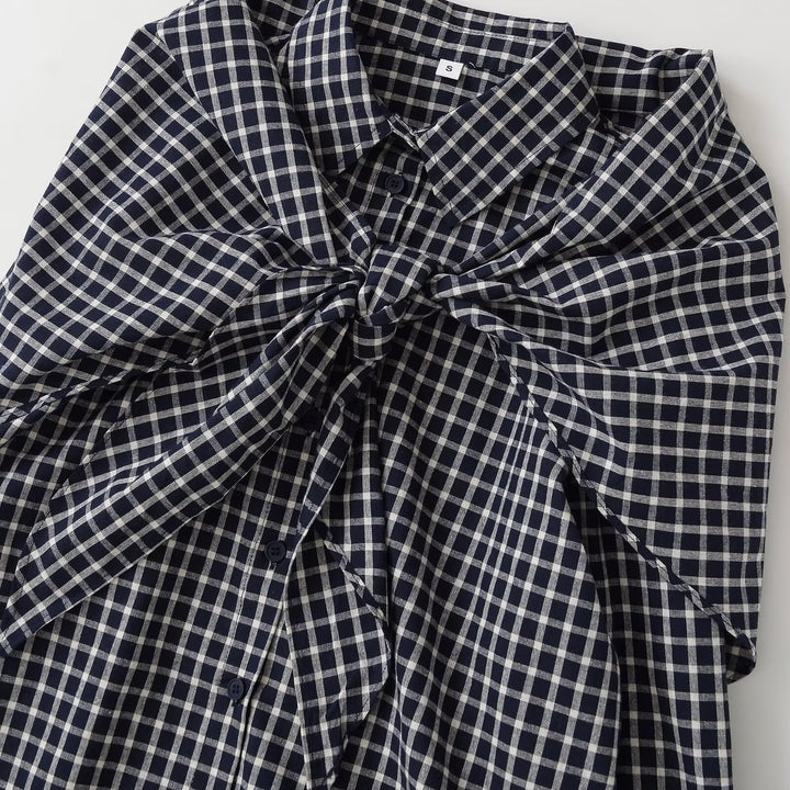 Women Oversize Checked Shirt Blouse with Cape Shoulder and Tie Bow Mune Fashion