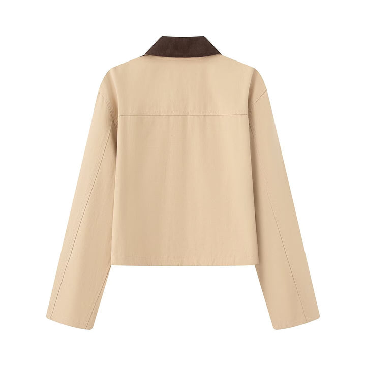 Women Cropped Field Jacket with Cord Collar, Snap Placket and Drawstring Mune Fashion