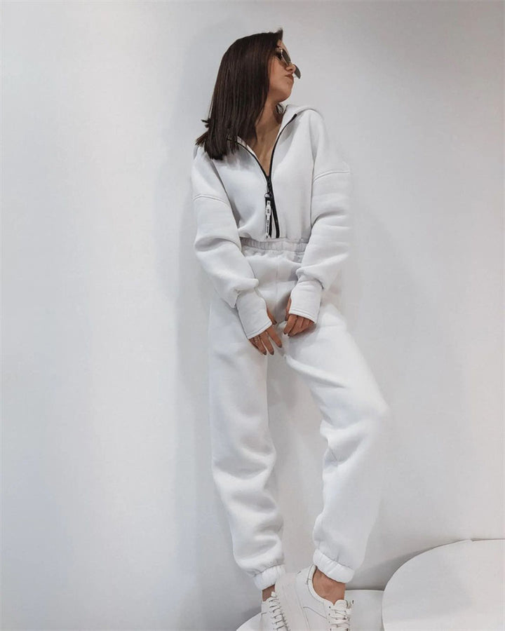 Ladies Tailored Hooded Sweat Jumpsuit with Zipper and Elastic Waistband Mune Fashion