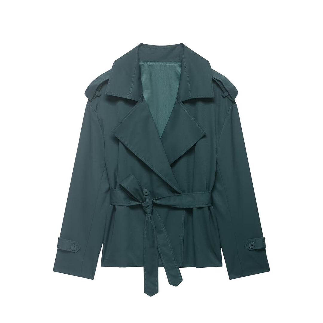 Women short trench coat with waist belt, double-breasted front and shoulder flaps Mune Fashion