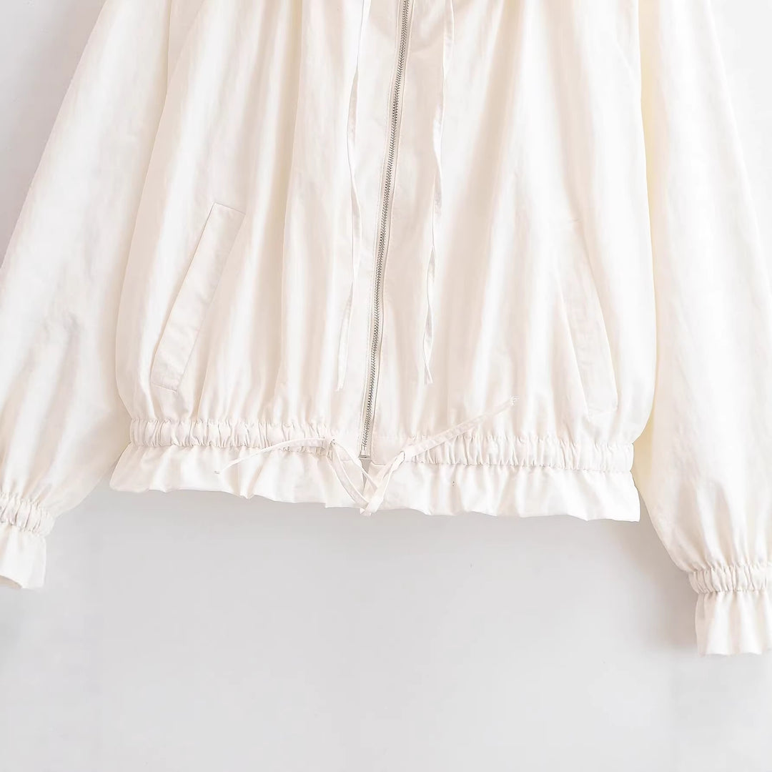 Women's Lightweight Hooded Jacket with Ruffled Collar, Drawstring and Elastic Hem Mune Fashion