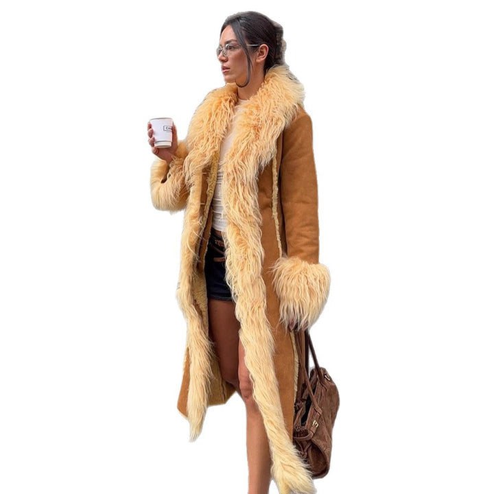 Women Long Shearling Imitation Coat with Voluminous Shawl Collar and Plush Cuffs Mune Fashion