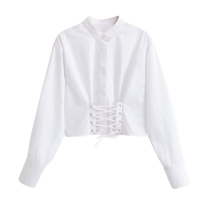 Women’s short blouse with tailored lacing and stand-up collar Drune