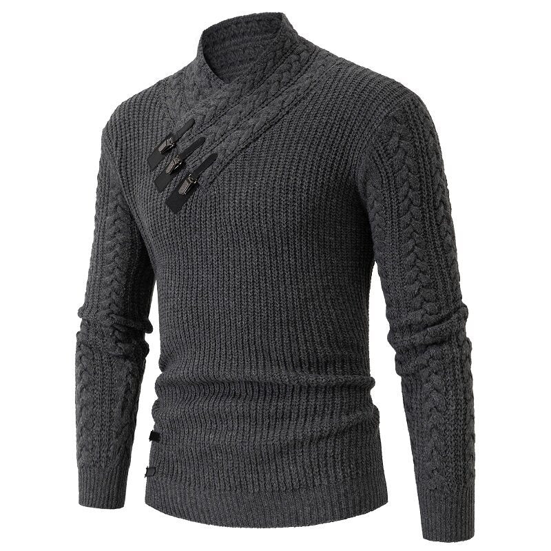 Men's knitted sweater with shawl collar, cable pattern, and distinctive buckle closures Mune Fashion