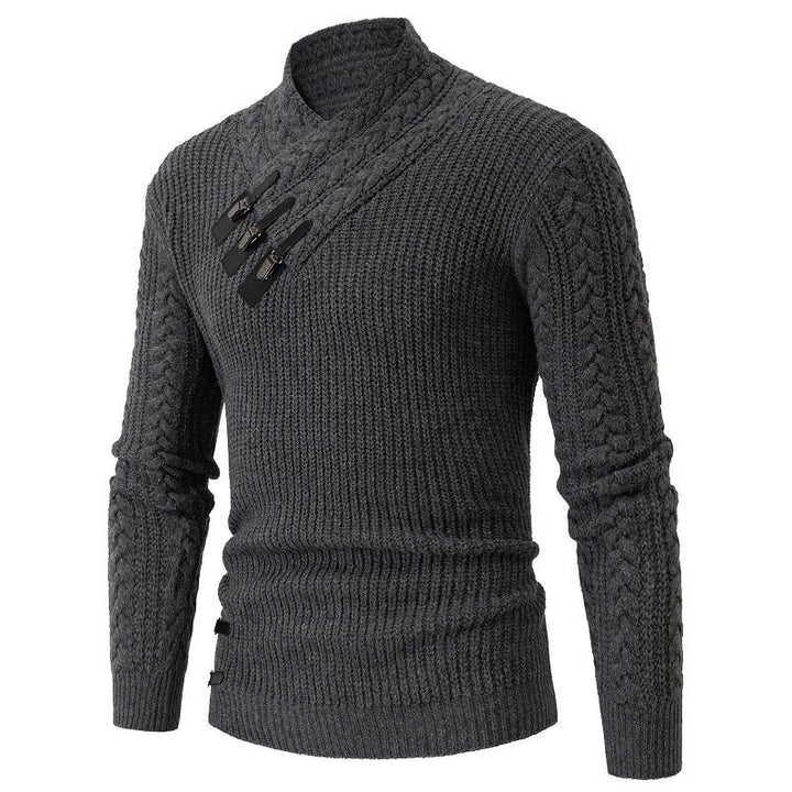 Men's knitted sweater with shawl collar, cable pattern, and distinctive buckle closures Mune Fashion