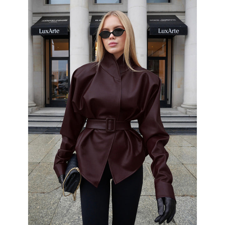 Women's leather look jacket with fitted belt and high stand-up collar Mune Fashion