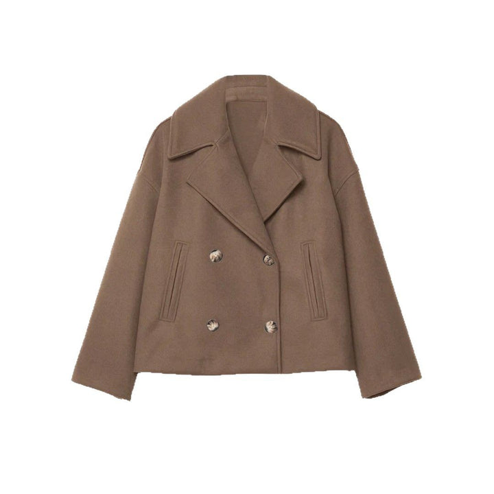 Women's Short Double-Breasted Wool Blend Coat with Oversized Lapels Mune Fashion