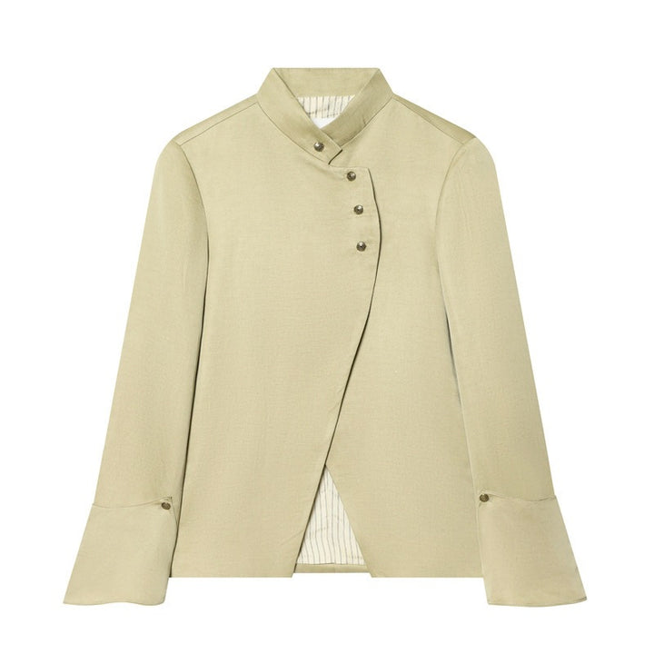 Women's Asymmetric Blouse Jacket with Stand-Up Collar and Flared Cuffs Mune Fashion