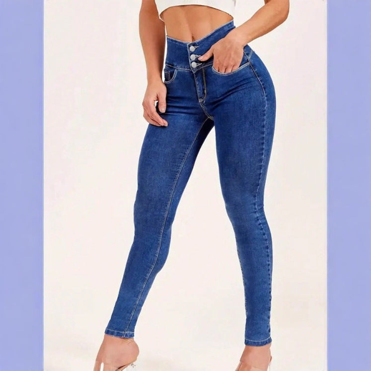 Women High-Waist Sculpting-Skinny-Jeans with waist-shaping V-waistband and double-button closure Mune Fashion