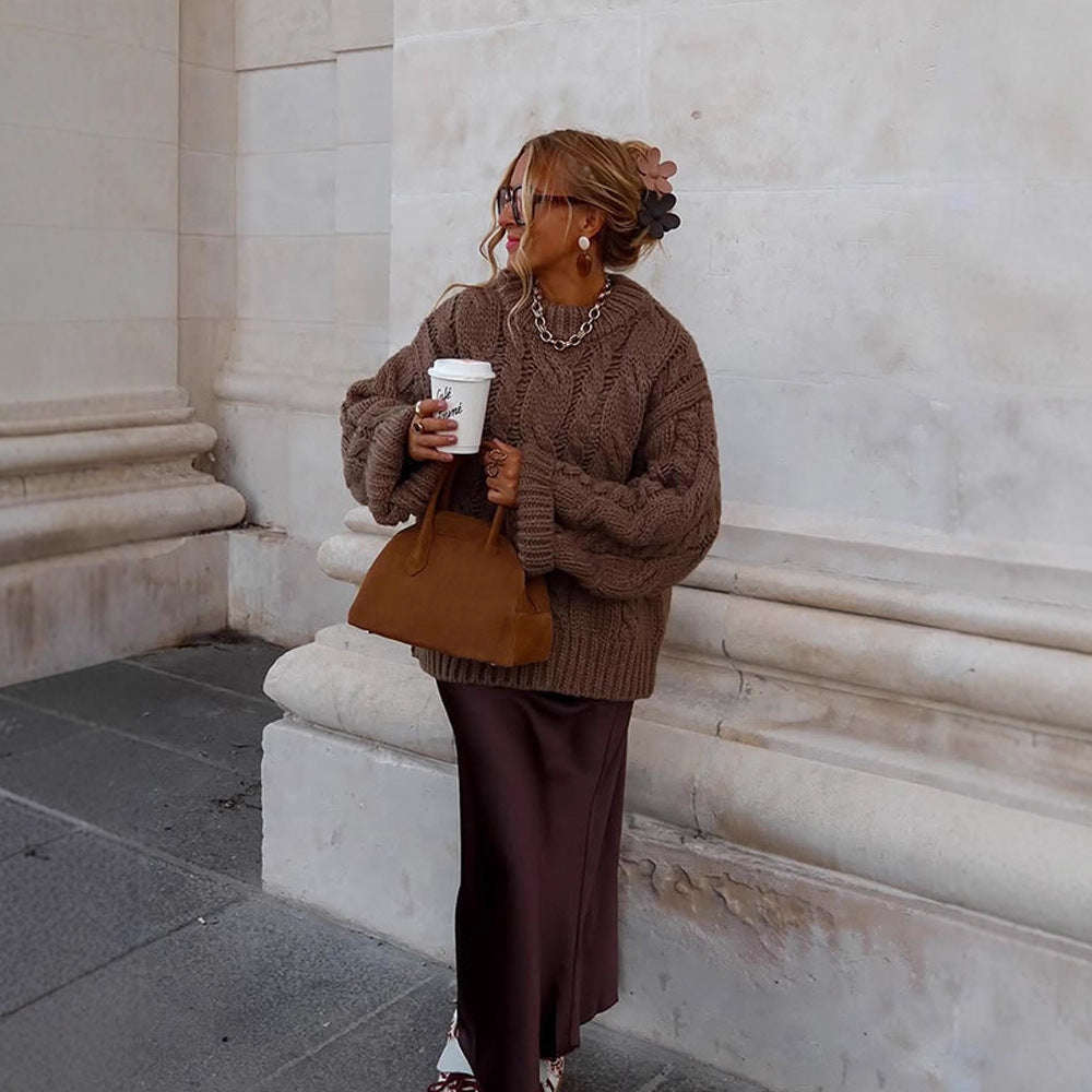 Women's Oversize Chunky Knit Sweater with Cable Knit, High Collar and Extended Sleeves Mune Fashion