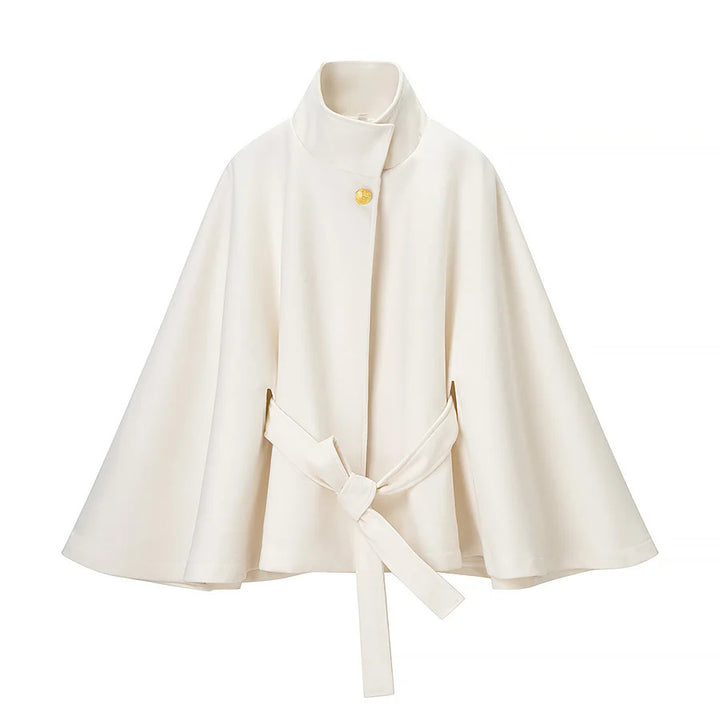 Women tailored wool cape coat with stand-up collar, tie belt, and concealed button placket Mune Fashion