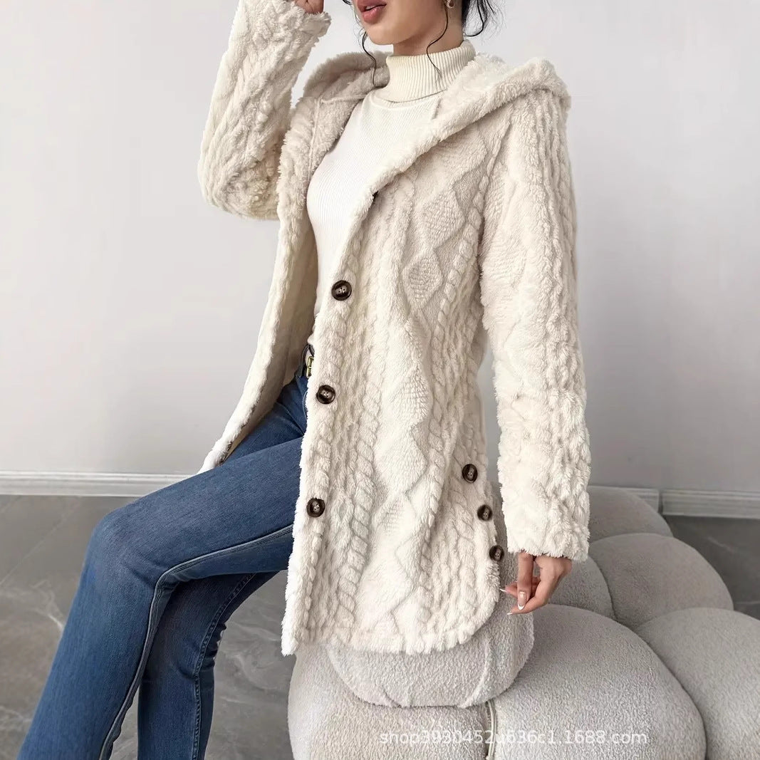 Women's Hooded Teddy Jacket with Button Placket and Structured Surface Mune Fashion