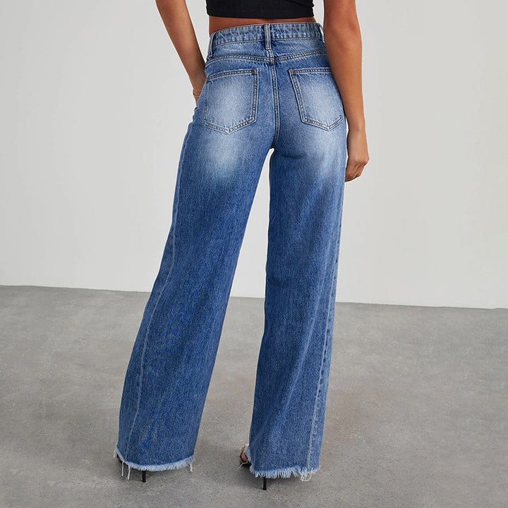 Women High-Waist Flared Jeans with Wide Leg and Frayed Hem Mune Fashion