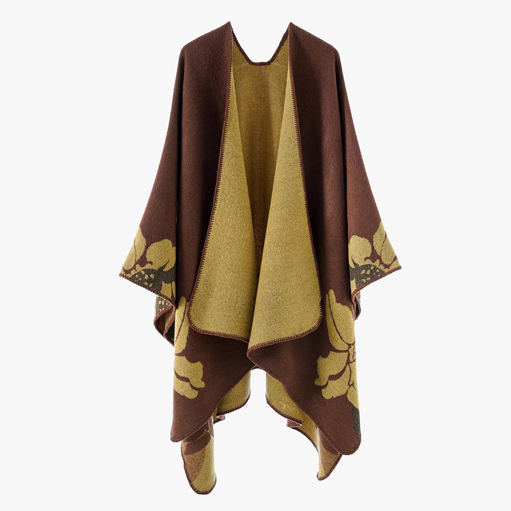 Women's Reversible Wool Blend Cape with Floral Jacquard and Open Draping Mune Fashion