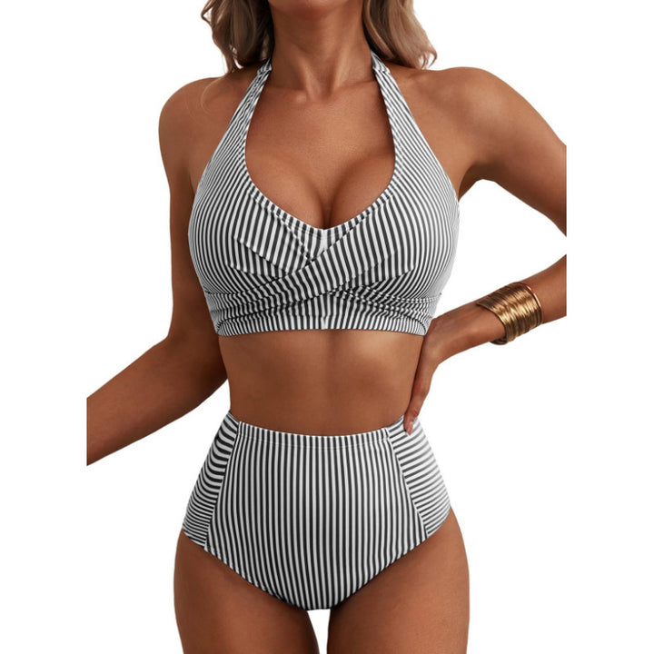 Women High-Waisted Striped Bikini Mune Fashion