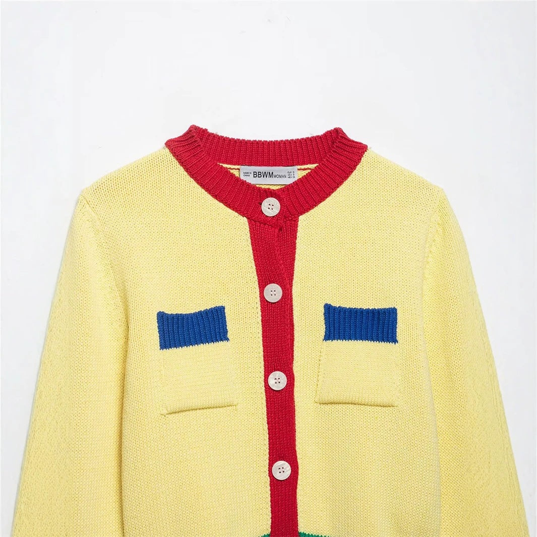 Women Short Chunky Knit Cardigan with Contrast Trims and Decorative Flap Pockets Mune Fashion