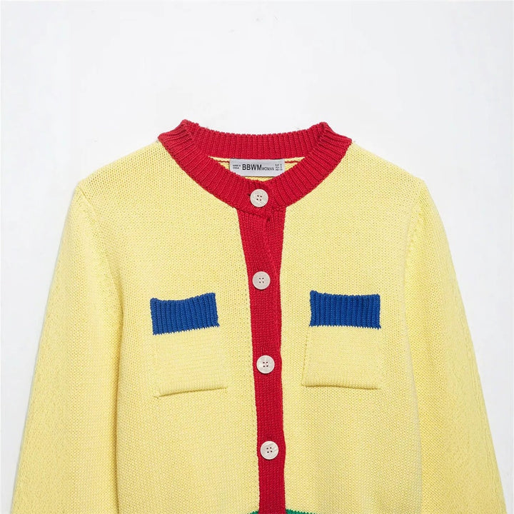 Women Short Chunky Knit Cardigan with Contrast Trims and Decorative Flap Pockets Mune Fashion