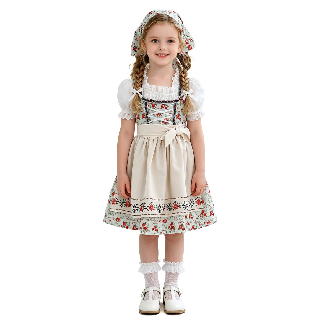 Ladies' and Children's dirndl traditional dress with lace blouse, apron, and headscarf Mune Fashion
