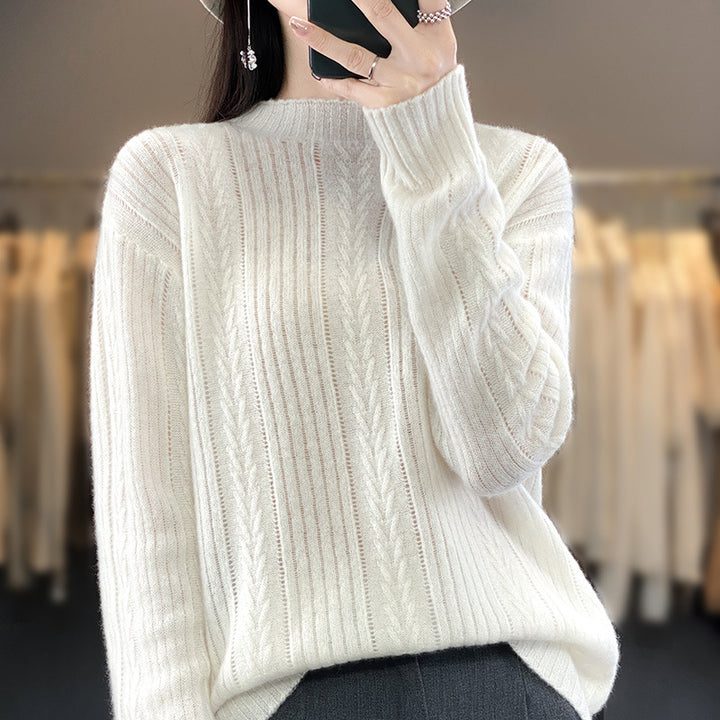 Women Cashmere-like Fine Knit Mock Neck Sweater with Lace Cable Pattern and Casual Oversized Fit Mune Fashion