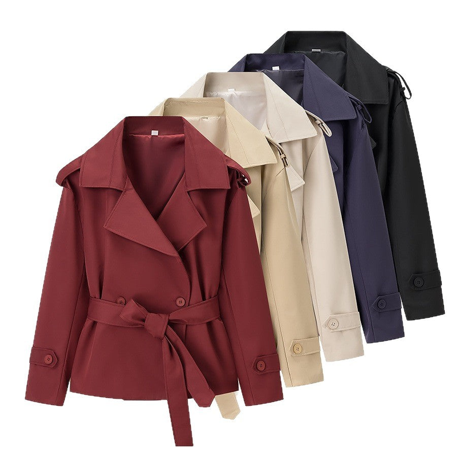 Women Tailored Short Trench Coat with Tie Belt and Epaulettes Mune Fashion