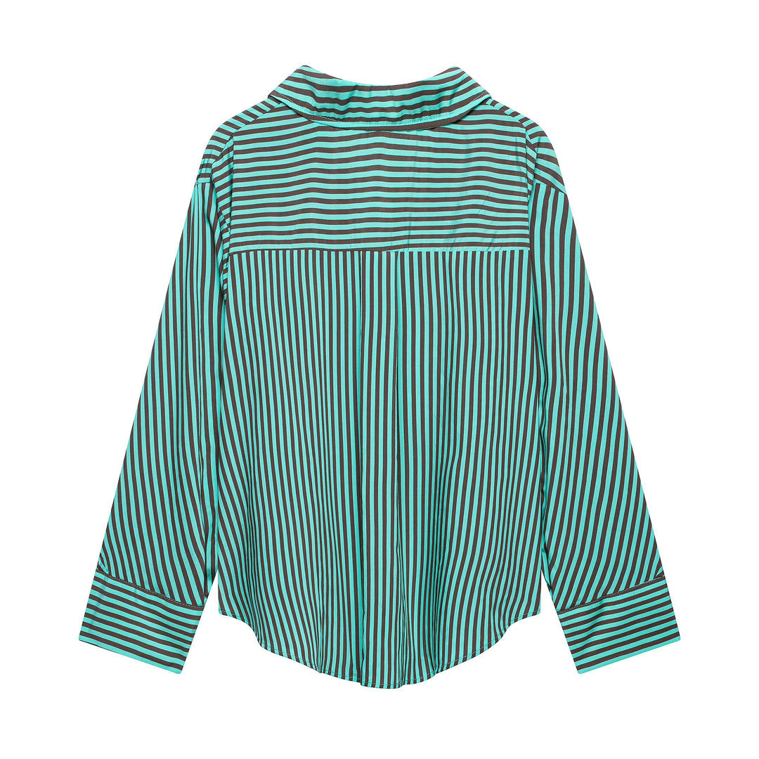Women Oversized Shirt Blouse with Diagonal Stripes, Chest Pocket and Rounded Hem Mune Fashion