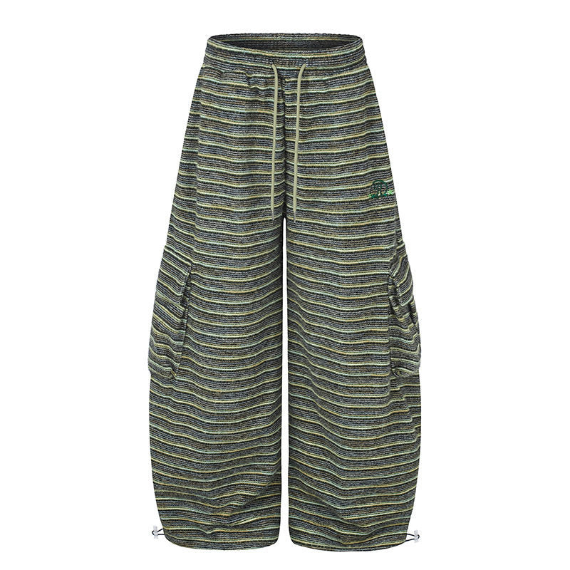 Women's Wide Palazzo Cargo Pants with Drawstring Waistband, Adjustable Hem Cords, and Striped Jacquard Structure Mune Fashion