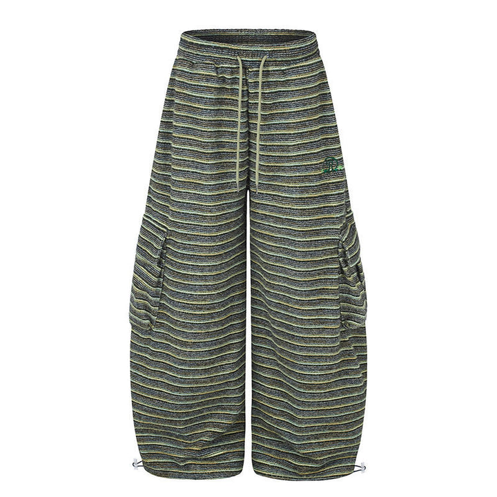 Women's Wide Palazzo Cargo Pants with Drawstring Waistband, Adjustable Hem Cords, and Striped Jacquard Structure Mune Fashion