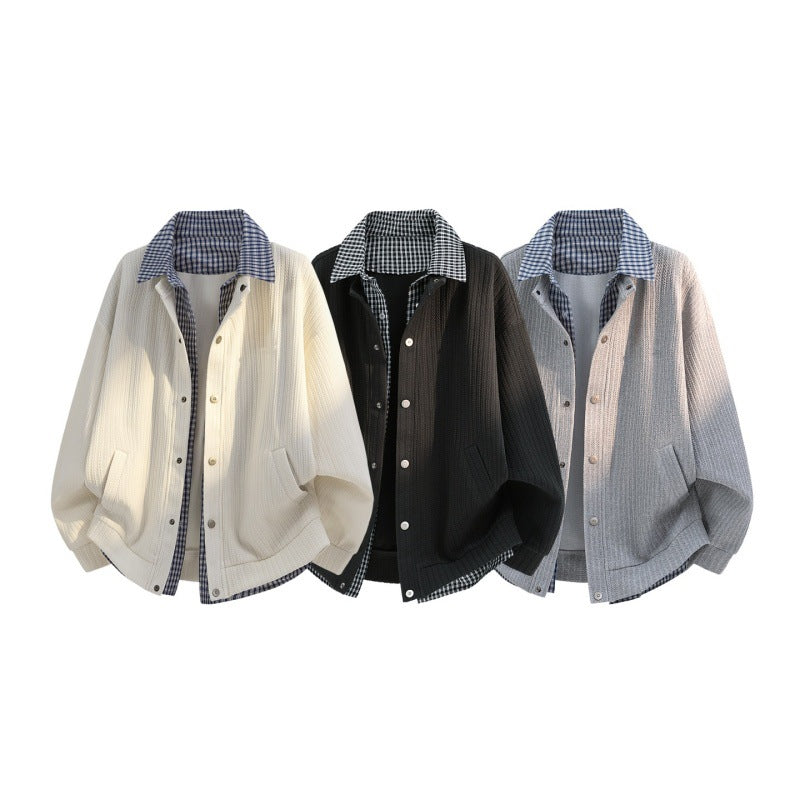 Men's casual knitted overshirt jacket with plaid shirt collar and snap button placket Mune Fashion