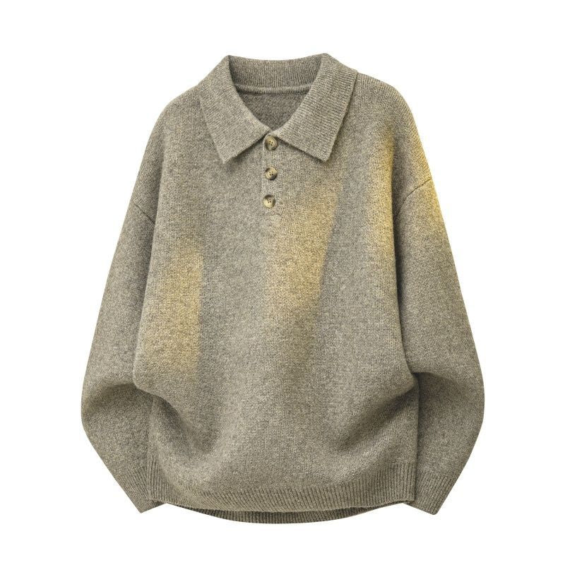 Women's Oversize Polo Collar Knit Sweater with Button Placket and Ribbed Hem Mune Fashion