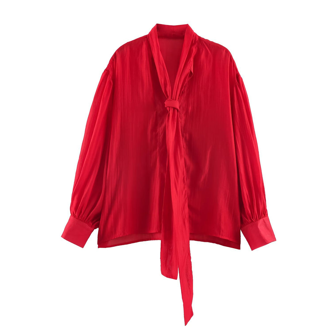 Ladies' tie blouse with wide oversized cut, balloon sleeves, and tie scarf Mune Fashion