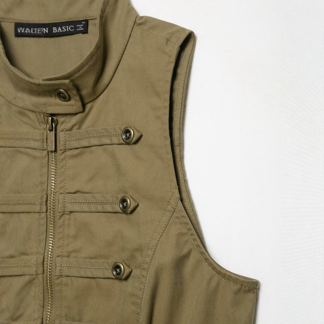 Ladies Tailored Canvas Vest with Front Zipper and Decorative Button Ribbons Mune Fashion