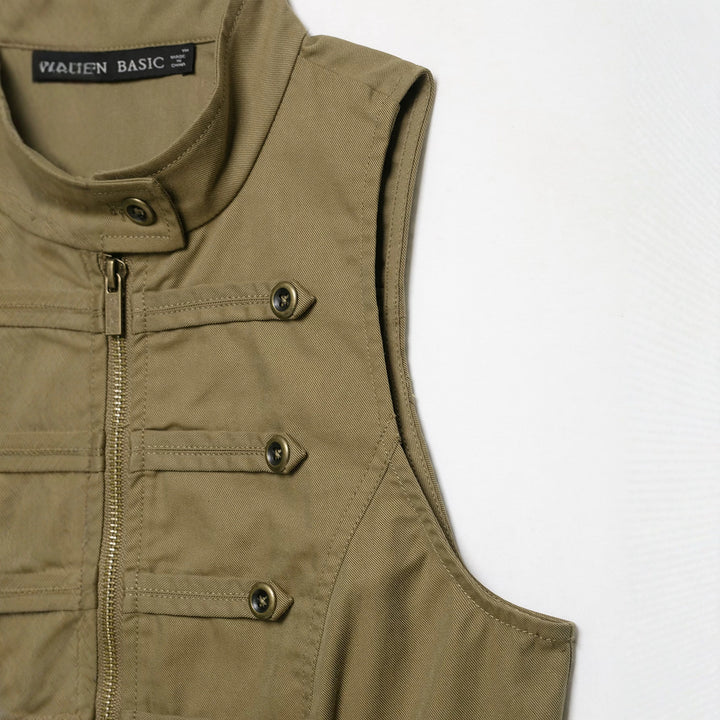 Ladies Tailored Canvas Vest with Front Zipper and Decorative Button Ribbons Mune Fashion