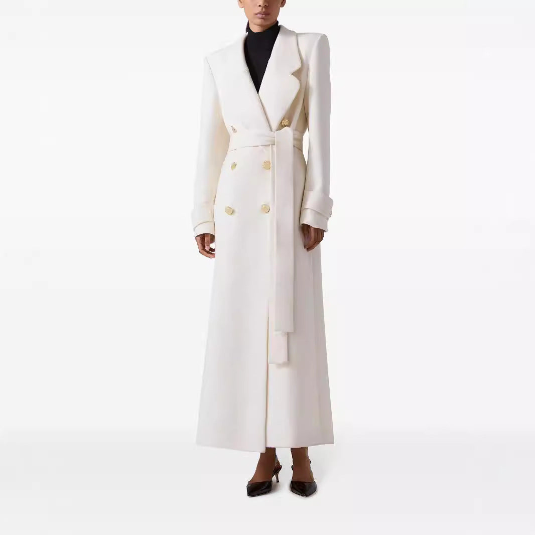 Women Long Double-Breasted Wool Coat with Waist Belt Mune Fashion