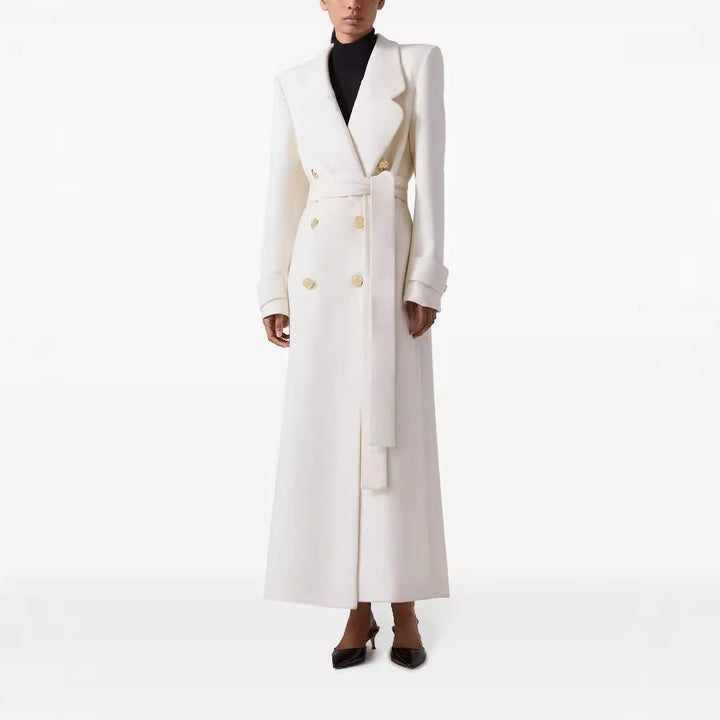 Women Long Double-Breasted Wool Coat with Waist Belt Mune Fashion