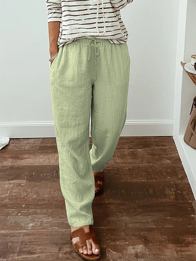 Women's lightweight linen look pants with elastic drawstring, front pockets and wide leg Mune Fashion