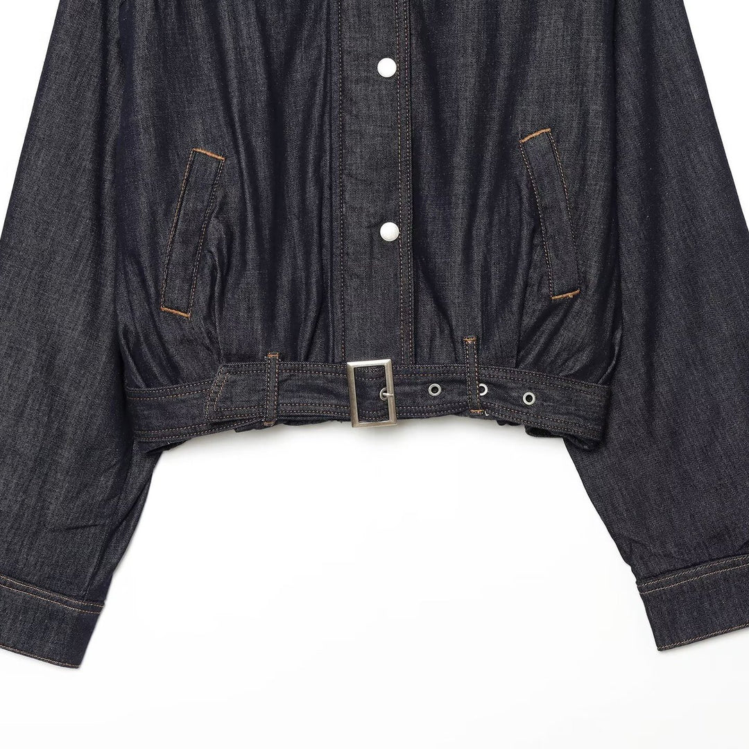 Women's Cropped Denim Jacket with Waist Belt, Stand Collar and Balloon Sleeves Mune Fashion