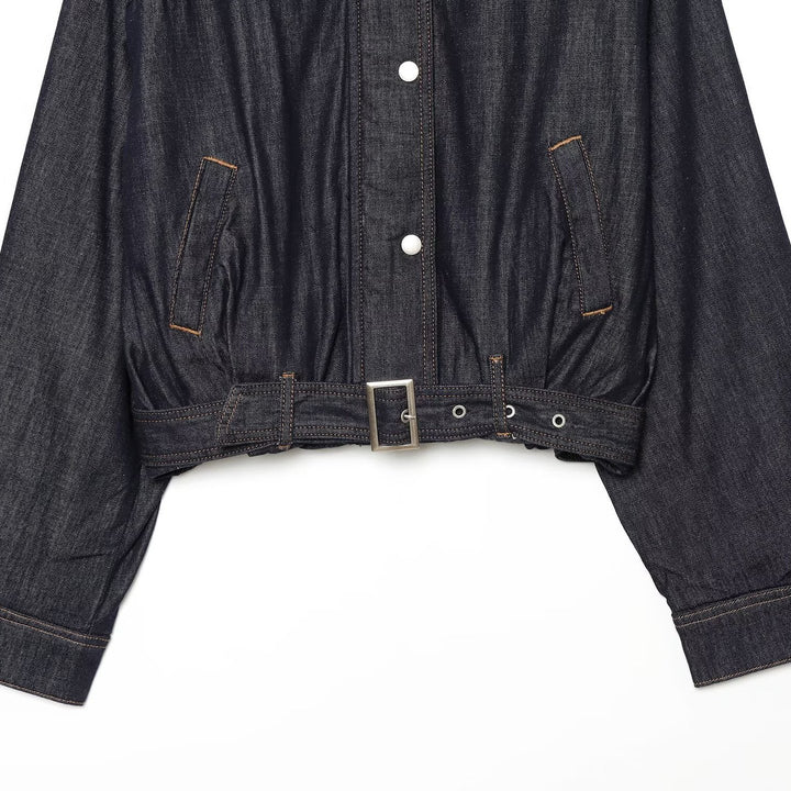 Women's Cropped Denim Jacket with Waist Belt, Stand Collar and Balloon Sleeves Mune Fashion