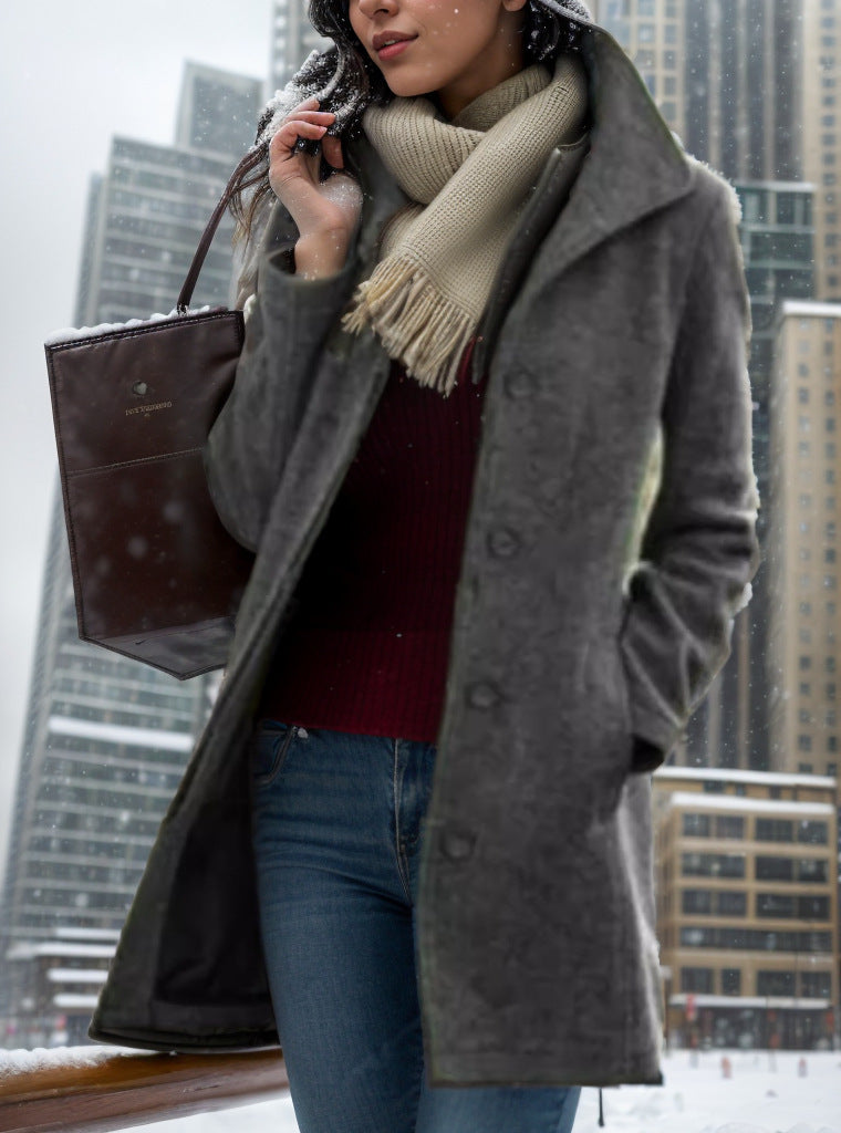Women's short coat made of faux suede with shirt collar, button placket, and side pockets Mune Fashion