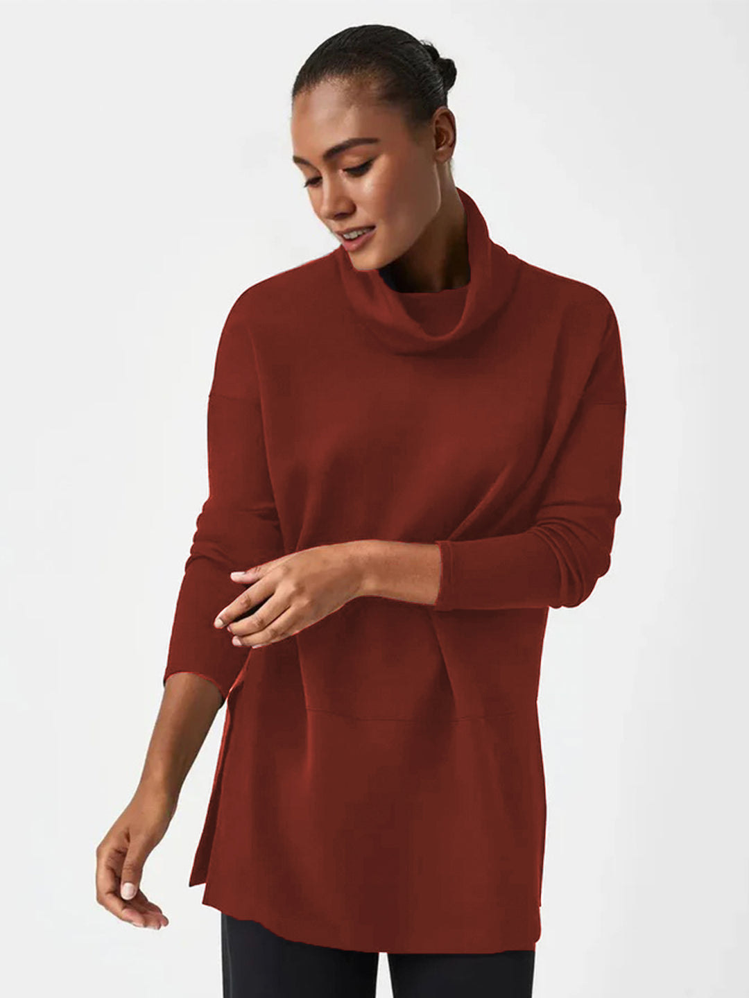 Women's Cozy Funnel Neck Tunic Sweater with Oversized Cut and Side Slits Mune Fashion