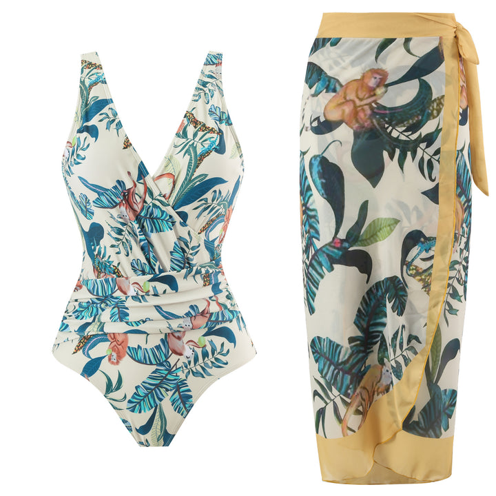 Women's swim set with floral wrap skirt and one-piece Mune Fashion
