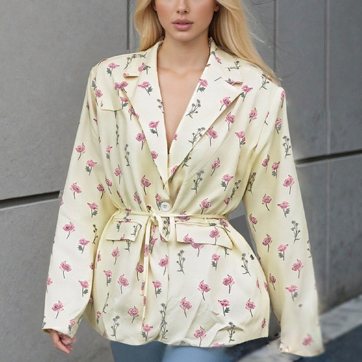 Women fitted floral blazer with belt and lapel collar Mune Fashion