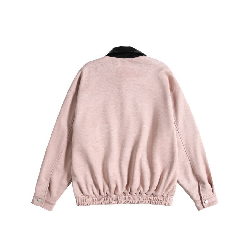 Women's short cut boxy bomber jacket with contrasting faux leather collar Mune Fashion