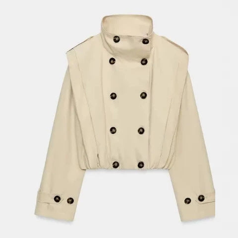 Women's Cropped Double-Breasted Trench Blouson with Stand Collar, Epaulettes, and Elastic Hem Mune Fashion