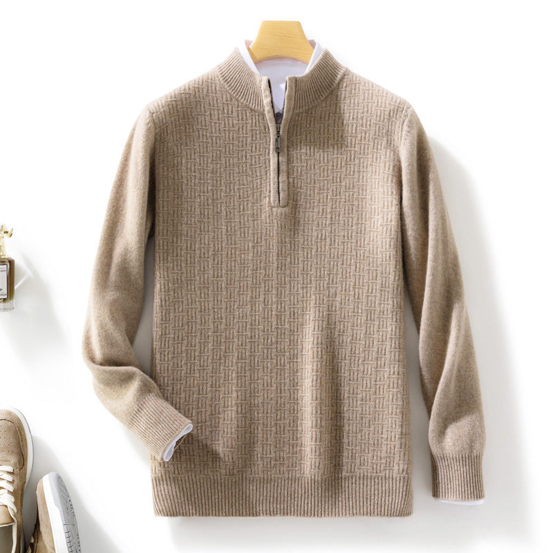 Men's Semi-high Fine Knit Sweater with Short Stand-Up Collar and Half Zipper Mune Fashion