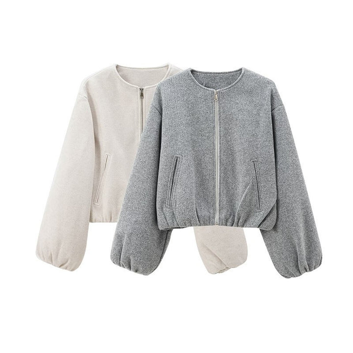 Women's short wool blend bomber jacket with round neckline, concealed zipper, elastic hem, and dropped shoulders Mune Fashion