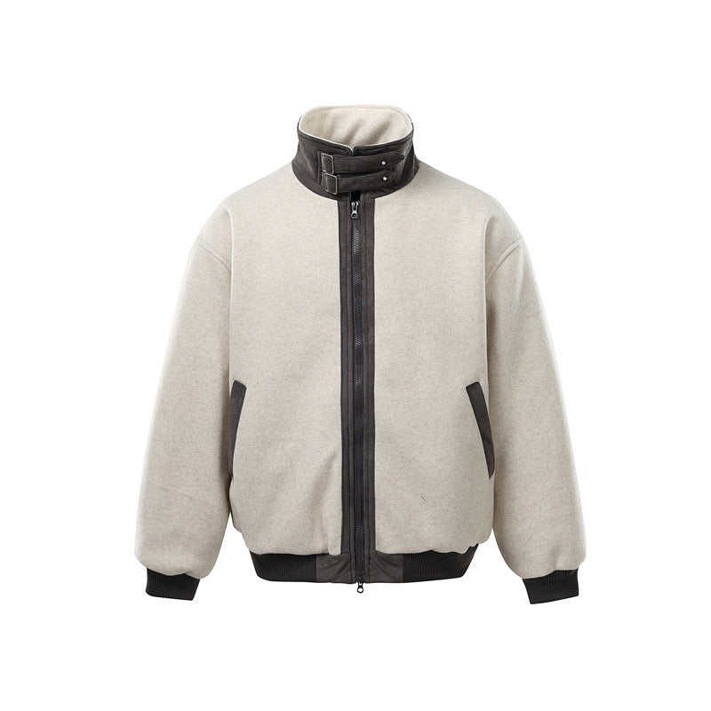 Men's short-cut boxy bomber made of wool blend with high buckle collar and velour trim Mune Fashion