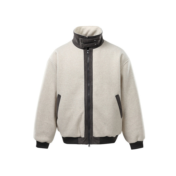 Men's short-cut boxy bomber made of wool blend with high buckle collar and velour trim Mune Fashion