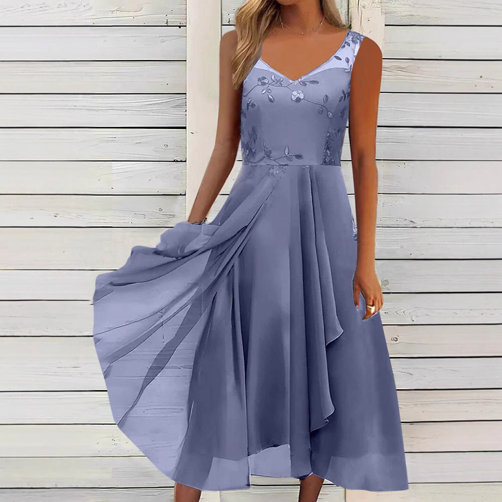 Women A-line chiffon dress with floral embroidered bodice, V-neck, draped godet swing and concealed side pockets Mune Fashion